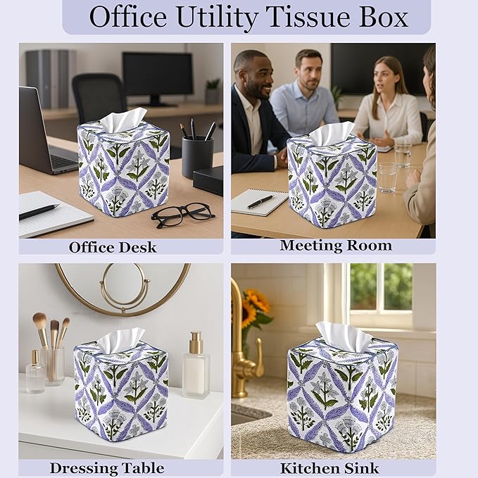 Ridhi Light Steel Blue Block Print Tissue Box Cover Handmade Cotton Fabric Decorative Square Napkin Holder for Home Bedroom Living Room Bathroom Vanity Countertop Car Night Stands Office Kitchen