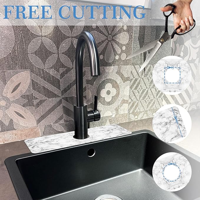 Faucet Mat for Kitchen Sink White Marble Texture, Soft Diatom Mud Material, Strong Water Absorption, Non-Slip, Easy to Clean for Bathroom, Kitchen 15"X5.5"