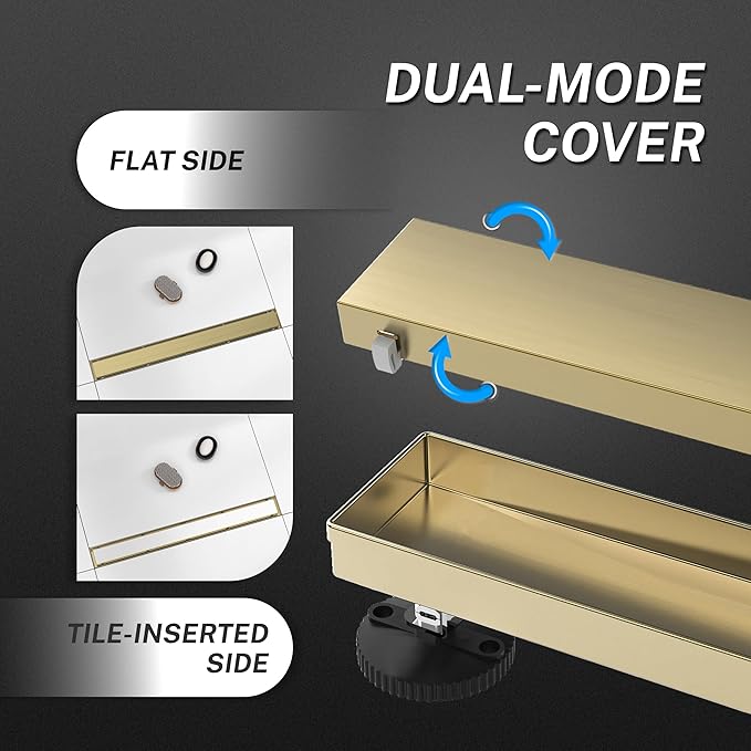 Linear Shower Drain.30 Inch Shower Trench Drain with 2-in-1 Flat Cover & Inser Cover,304 Stainless Rectangle Steel Shower Floor Drain with Hair Strainer and Leveling Feet (Gold, 30 in)