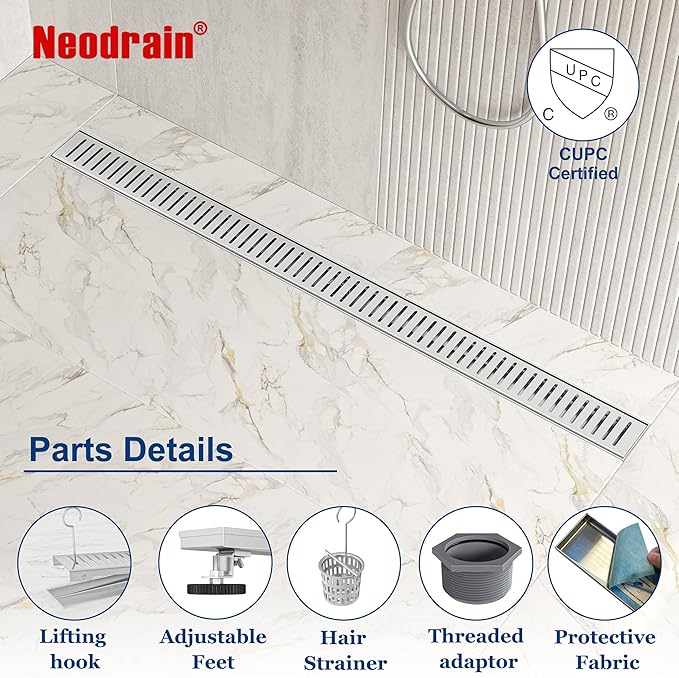 Neodrain 32" Brushed Linear Shower Drain Shower Linear Drain, Removable Capsule Pattern Grate, Bathroom 304 Stainless Steel Rectangle Shower Floor Drains- CUPC Certified