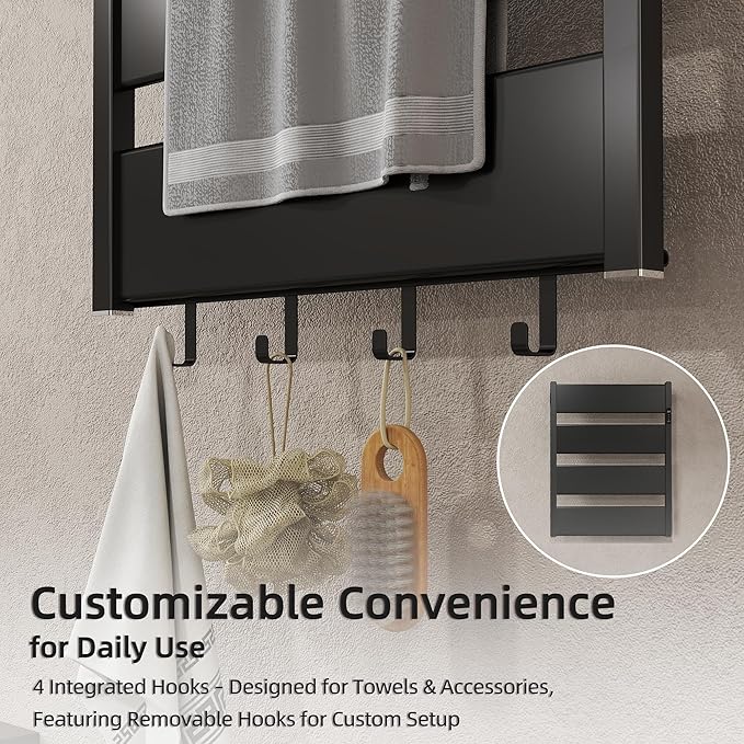 K&KALONZO Towel Warmer for Bathroom, Wall-Mounted Heated Towel Rack with Built-in Timer, Waterproof Alumnimum Electric Towel Heater, Support Plug-in and Hardwired, Black, H4-B