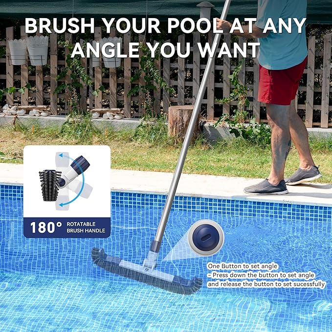 19" 2 in 1 Detachable Curved Edge Pool Brush Head for Inground/Above Ground Pool, Adjustable 180° Handle Rotation, ASA Material Pool Brush for Cleaning Pool Walls, Waterline Tiles & Floors