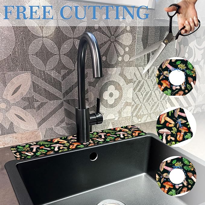 Mushroom Fern Leave Acorn Faucet Mat for Kitchen Sink Watercolor Forest, Soft Diatom Mud Material, Strong Water Absorption, Non-slip, Easy to Clean for Bathroom, Kitchen 23.5"X5.5"