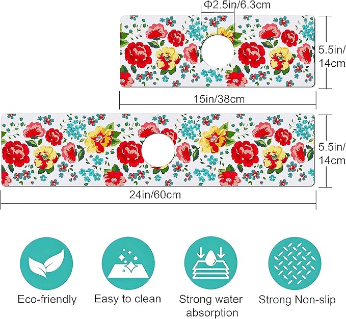 Kitchen Sink Splash Guard Faucet Mat -2 PC Super Absorbent Fast Drying Mat Sink Gadgets-Splash Guard Behind Faucet Drip Catcher for Kitchen, Bathroom,Sink Mat, Dish Drying Mat, Bathroom(23.5" X 5.5" )