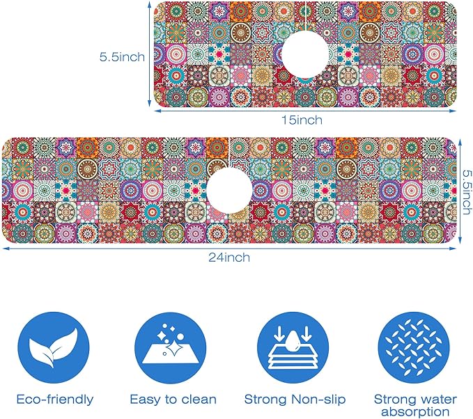 Faucet Draining Mat For Kitchen Sink Mexican Tiles Diatom Mud Absorbent Drain Pad For Bathroom Kitchen Sink Splash Guard Drying Mat 5.5"×24"