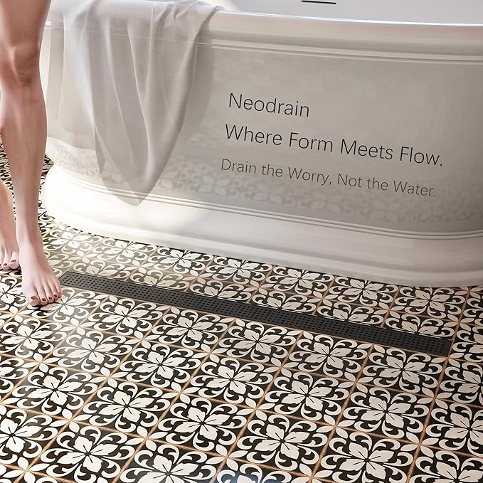 Neodrain 36-Inch Black Linear Shower Drain with Removable Quadrato Pattern Grate,304 Stainless Steel Rectangle Shower Floor Drain, Linear Drain with Leveling Feet,Hair Strainer,Matte Black