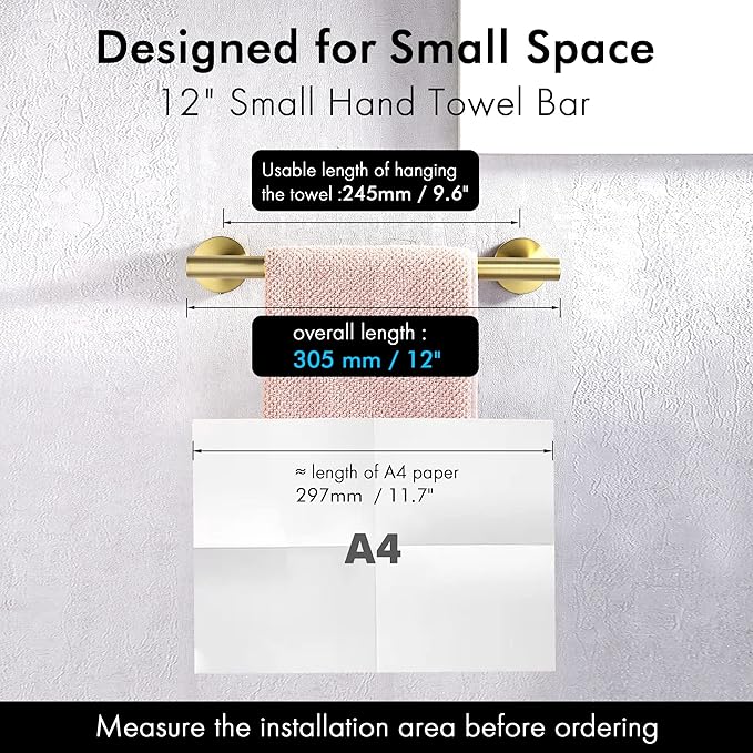 KES 9.6 Inches Hand Towel Bar Bathroom Towel Holder Kitchen Dish Cloths Hanger SUS304 Stainless Steel RUSTPROOF Wall Mount Brushed Gold, Total Length 12 Inch, A2000S30-BZ
