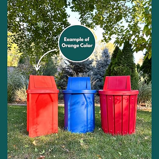 Campus Collection 32 Gallon Square Slatted 100% Recycled Plastic Heavy-Duty Commercial Outdoor or Indoor Trash Can with Push Top Lid | Great for Schools and Businesses - Orange