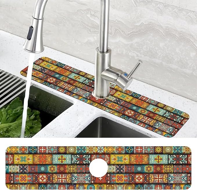 Vintage Mandala Floral Dish Drying Mat for Kitchen Sink Splash Guard Behind Faucet Sink Mat Absorbent Fast Drying Faucet Draining Mat for Bathroom Kitchen 5.5"×24"