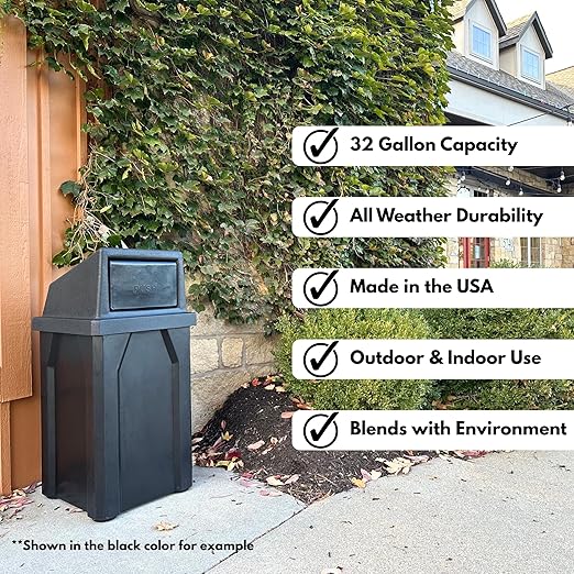 32 Gallon Square 100% Recycled Plastic Heavy Duty Indoor or Outdoor Commercial Trash Can with Push Lid | Great for Schools and Businesses - Black