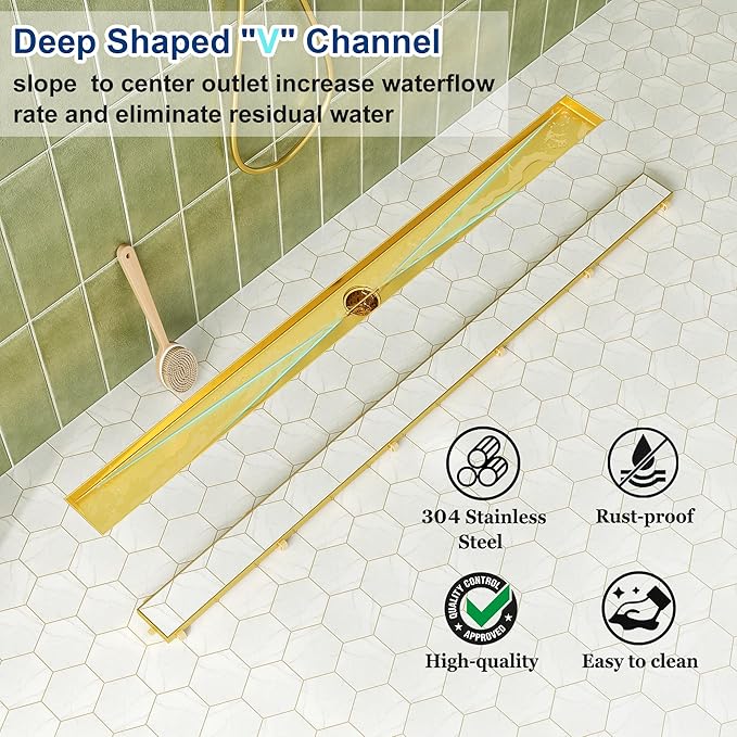 Neodrain 48-Inch Linear Shower Drain with Tile Insert Grate, Golden 304 Stainless Steel Rectangle Shower Floor Drain, Linear Drain with Leveling Feet, Hair Strainer
