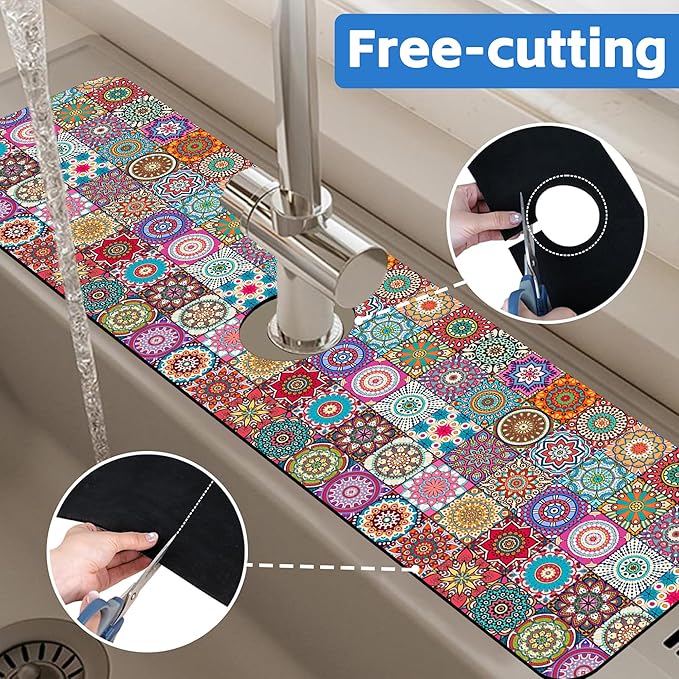 Faucet Draining Mat For Kitchen Sink Mexican Tiles Diatom Mud Absorbent Drain Pad For Bathroom Kitchen Sink Splash Guard Drying Mat 5.5"×24"