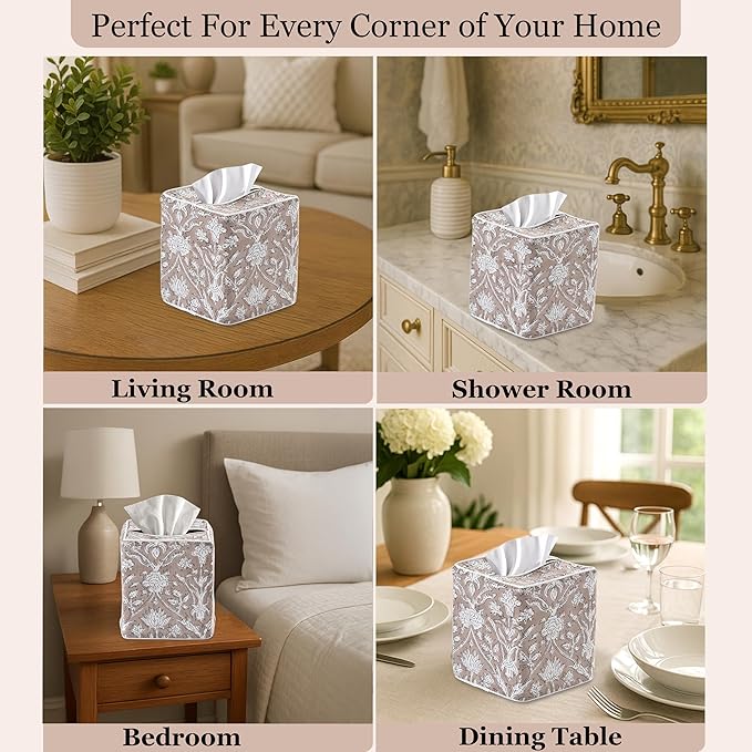 Ridhi Taupe Block Print Tissue Box Cover Handmade Cotton Fabric Decorative Square Napkin Holder for Home Bedroom Living Room Bathroom Vanity Countertop Car Night Stands Office Kitchen