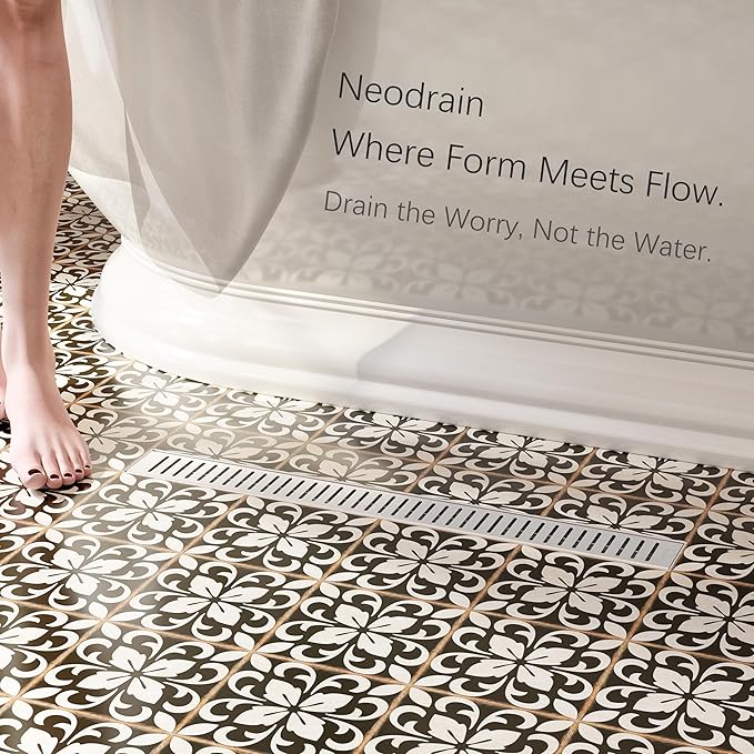 Neodrain 28" Brushed Linear Shower Drain Shower Linear Drain, Removable Capsule Pattern Grate, Bathroom 304 Stainless Steel Rectangle Shower Floor Drains- CUPC Certified
