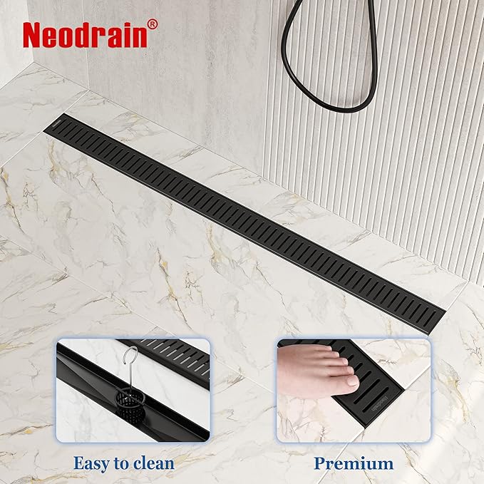 Neodrain 36" Matte Black Bathroom Linear Shower Drain with Removable Capsule Pattern Grate, 304 Stainless Steel Shower Floor Linear Drain- CUPC Certified with Hair Strainer