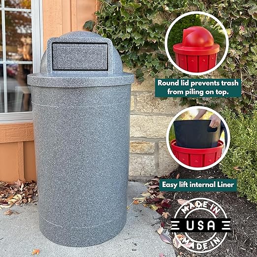 Campus Collection 55 Gallon Round Heavy-Duty Plastic Commercial Outdoor or Indor Trash Can with Push Open Dome Lid and Internal Liner | Great for Schools and Businesses - Brown Granite