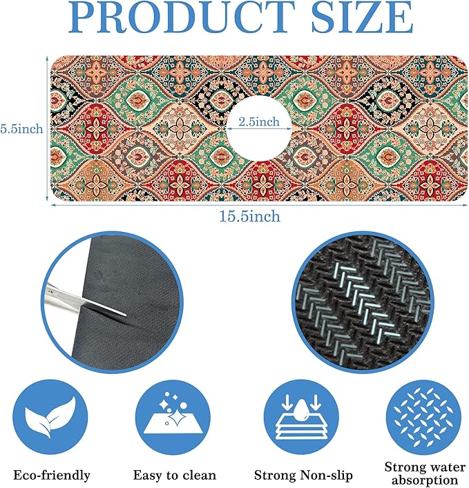 Faucet Mat Splash Guard Boho Rug, Soft Diatom Mud Material, Strong Water Absorption, Non-slip,Easy to Clean for Bathroom, Kitchen 15"X5.5"