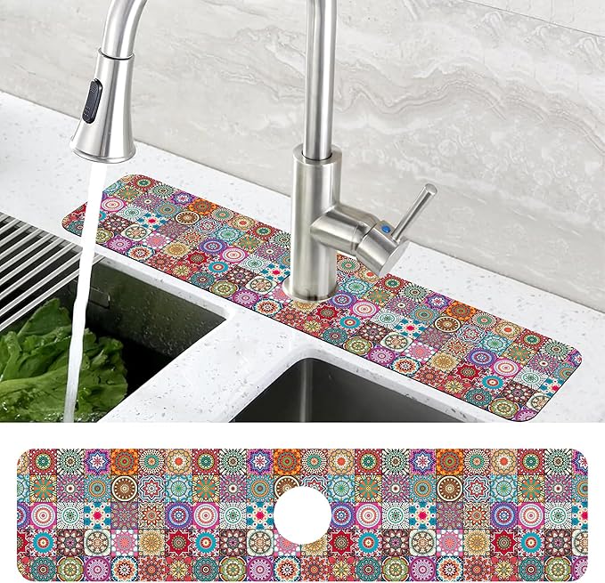 Faucet Draining Mat For Kitchen Sink Mexican Tiles Diatom Mud Absorbent Drain Pad For Bathroom Kitchen Sink Splash Guard Drying Mat 5.5"×24"