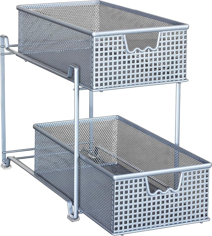 DecoBrothers 2 Tier Bathroom Storage Organizer with Pull-Out Drawer, Silver