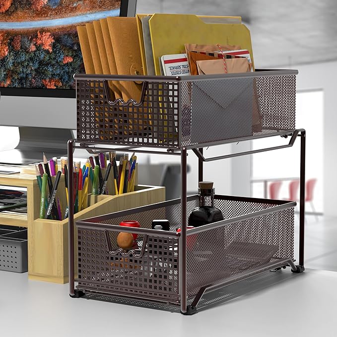 Deco Brothers 2 Tier Bathroom Storage Organizer with Pull-Out Drawer, Bronze