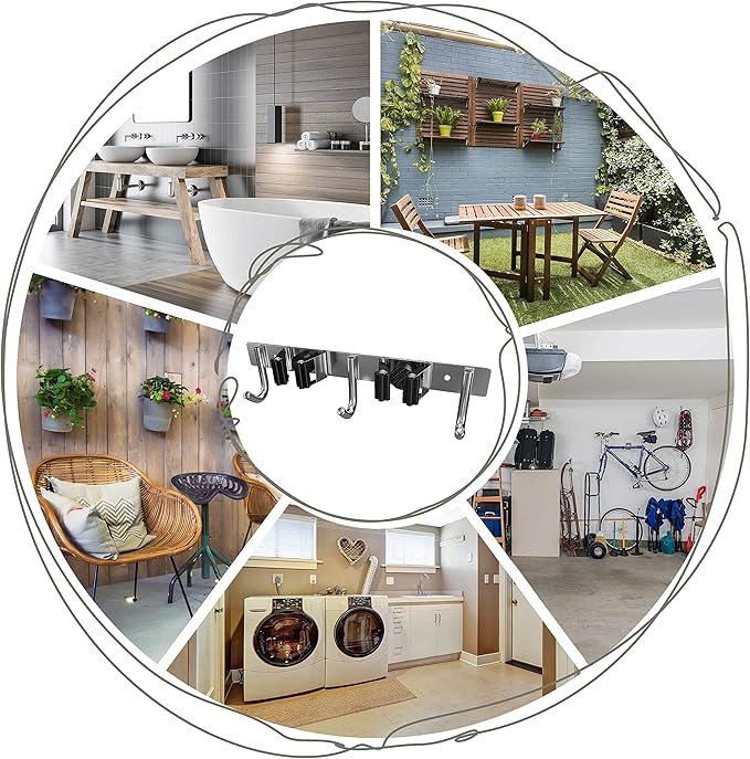 Heavy Duty Broom and Mop Holder Wall Mounted with 2 Rubber Grip Slots & 3 Utility Hooks – SUS304 Stainless Steel, Waterproof, Self Adhesive or Drill Mount, for Garage, Laundry, Kitchen & Closet Use
