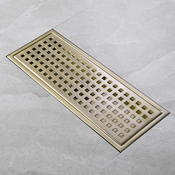 12 inch Stainless Steel Linear Shower Floor Drain with Threaded Adapter, Removable Cover Grid Grate, Brushed Gold Finished