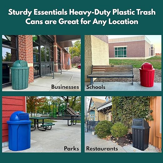 Campus Collection 32 Gallon Square Slatted 100% Recycled Plastic Heavy-Duty Commercial Outdoor or Indoor Trash Can with Push Top Lid | Great for Schools and Businesses - Black