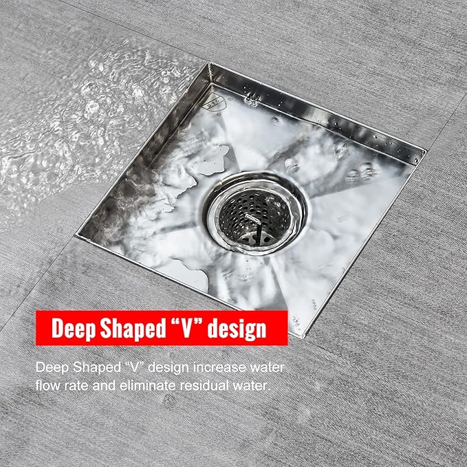 SaniteModar Shower Drain 4 inch with Removable Square Hole Panel, 304 Stainless Steel Brushed Shower Drain Equipped Hair Filter and Threaded Joint with Rubber Ring