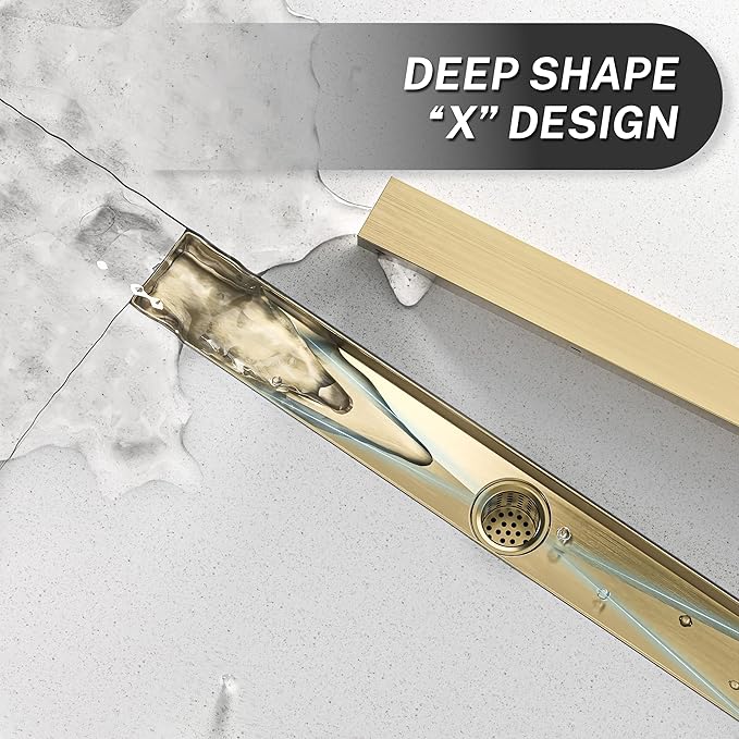 Linear Shower Drain. 24 Inch Shower Trench Drain with 2-in-1 Flat Cover & Inser Cover,304 Stainless Rectangle Steel Shower Floor Drain with Hair Strainer and Leveling Feet(Gold, 24 in)