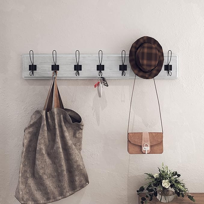 HBCY Creations Whitewash Solid Wood Wall Mounted Coat Rack with Shelf, 7 Hooks, 34" Long - Kitchen, Mudroom, Entryway, Bathroom - Includes Mounting Hardware, Coat Hanger, Dog Leash Hooks, Towel Rack