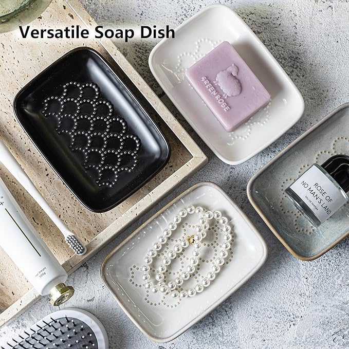 Gomakren Ceramic Soap Dish with Raised Scalloped Design, Versatile Soap Holder & Tray for Bathroom and Kitchen Sink, Prevents Soggy Soap, Rustic Modern Decor, Easy to Clean, Beige (5.59" x 4.02")