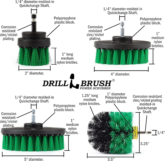 Drillbrush Variety & Medium Stiffness Green Kitchen Cleaning Kit - 7 Brushes & 3 Pads - Tile, Grout, Bathtub, Sinks & More - Nylon Bristles & Pads - 90 Day No Questions Asked Return
