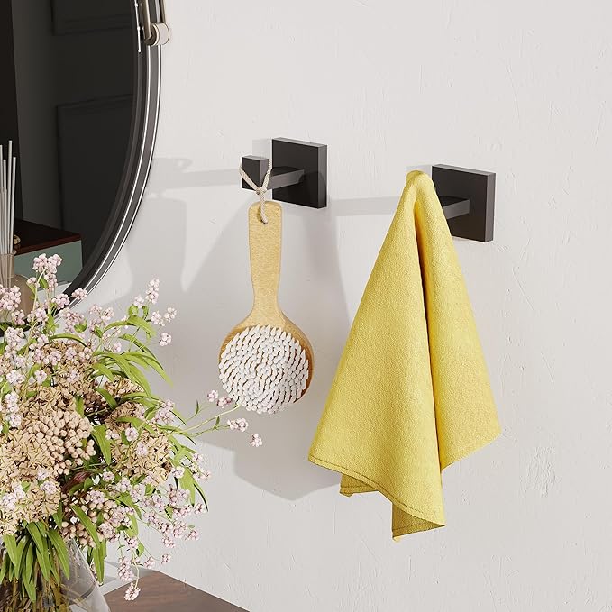 Ruacq Towel Hooks for Bathrooms, Heavy Duty Stainless Steel Square Bathroom Hooks, Wall Mounted Towel Hanger for Robe & Coat, Ideal for Kitchen, Bedroom, and Hotel Use(Matte Black, 2 Pack)