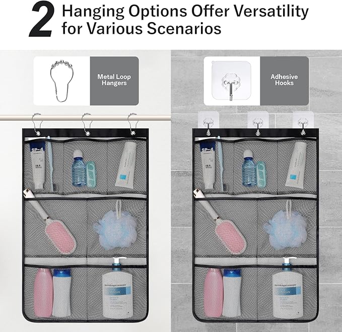 F-color Cruise Essentials 2026-7 Pockets Mesh Shower Organizer Hanging Bundle with Retractable Clothesline, Quick-Dry, Portable Toiletry Bag Travel Laundry Drying Kit for RV Hotel Camping