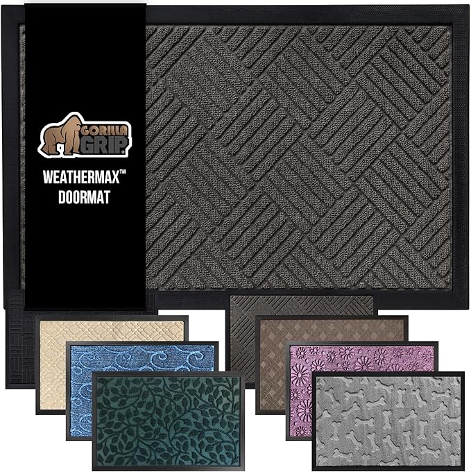 GORILLA GRIP 100% Waterproof All-Season WeatherMax Doormat US Designed Natural Rubber, Stain Fade Resistant, Low Profile Indoor Outdoor Door Mats, Easy Clean, 17x29 Gray Diamond