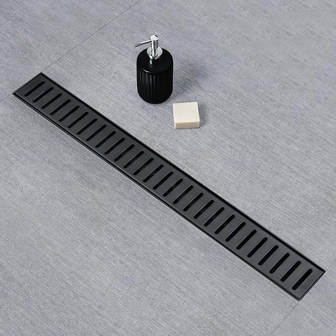 SaniteModar Linear Shower Drain 60 inch Matte Black with Removable Capsule Pattern Grate,Brushed 304 Stainless Steel Shower Drain Include Hair Strainer,Adjustable Leveling Feet