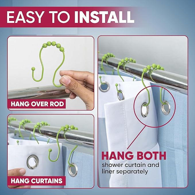 Shower Curtain Hooks Rust Proof (Set of 12) - Stainless Steel Shower Curtain Rings - Anti Slip Roller Balls for Easy Glide (Omega Double Hooks, Lime Green)