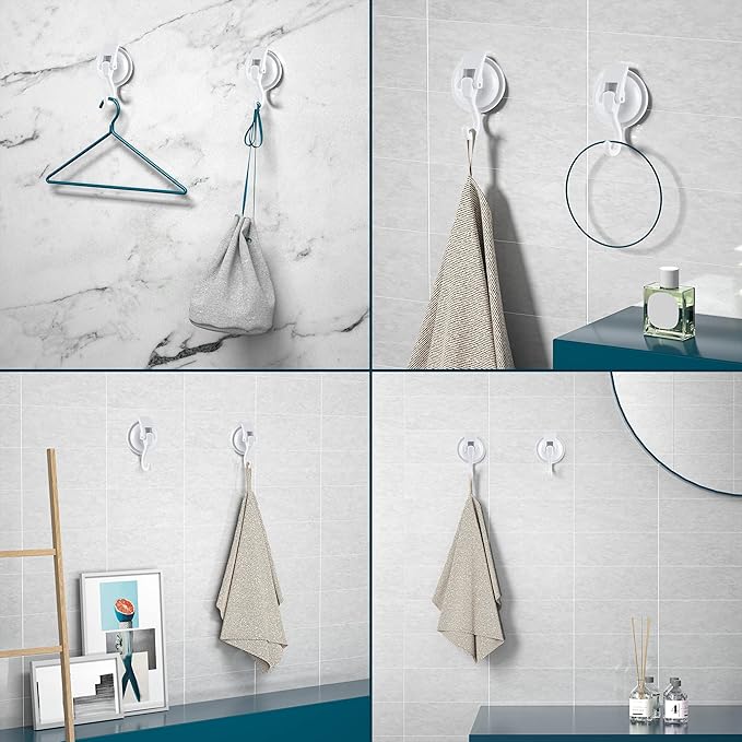 Heavy Duty Vacuum Suction Cup Hooks, White Plated Polished Super Suction for Kitchen Bathroom, 4 Pack