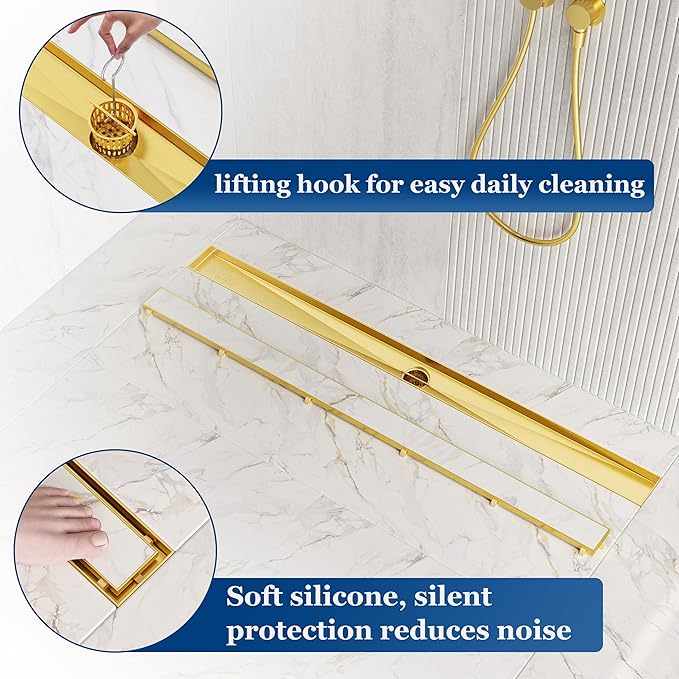 Neodrain 48-Inch Linear Shower Drain with Tile Insert Grate, Golden 304 Stainless Steel Rectangle Shower Floor Drain, Linear Drain with Leveling Feet, Hair Strainer