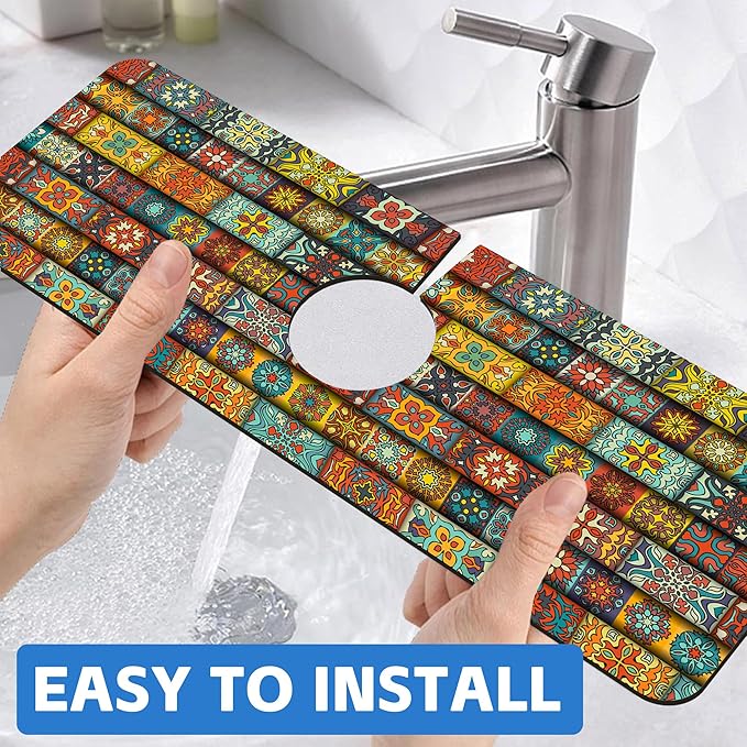 Vintage Mandala Floral Dish Drying Mat for Kitchen Sink Splash Guard Behind Faucet Sink Mat Absorbent Fast Drying Faucet Draining Mat for Bathroom Kitchen 5.5"×15"
