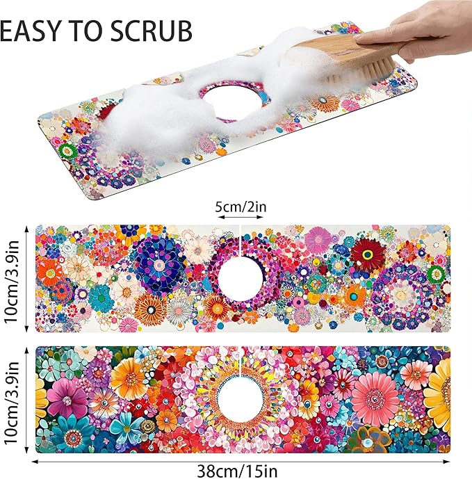 Bimkole 2 PCS Faucet Absorbent Mat, Kitchen Faucet Sink Splash Guard Wraparound Cloth Pads Drip Catcher for Sink Faucet for Kitchen Bathroom Faucet, Colorful Faucet Mat, 15 x 4 Inch Flower A3