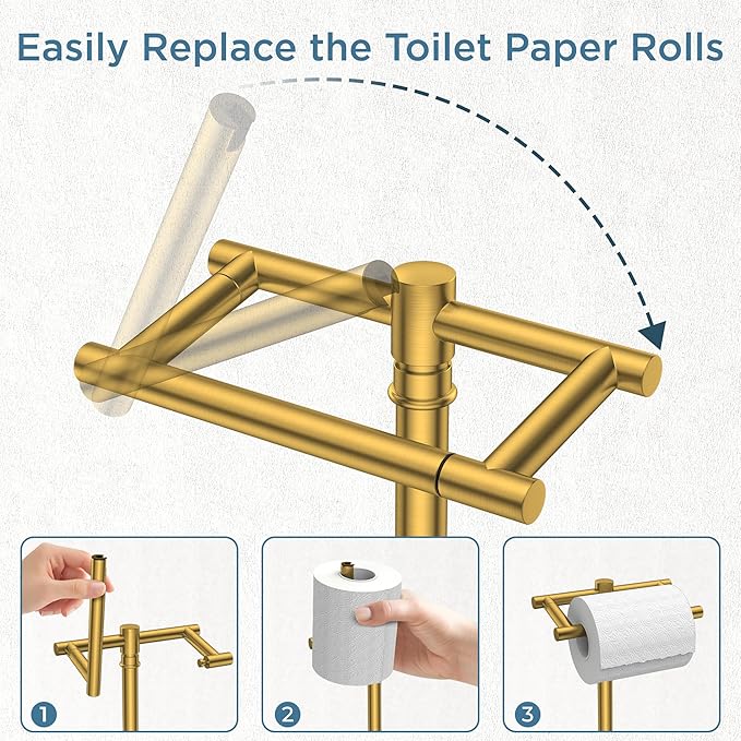 Toilet Paper Holder Stand Adjustable, Freestanding Tissue Roll Holder for Bathroom, Pivoting Design, Durable SUS 304 Stainless Steel and Weighted Base Toilet Paper Stand, Storage (Brushed Gold)