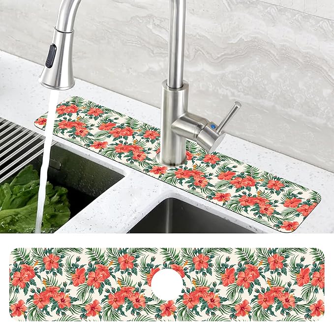 Tropical Leaves and Red Floral Kitchen Sink Splash Guard Mat Absorbent Fast Drying Mat Faucet Draining Mat Sink Splash Guard Behind Faucet Drip Catcher for Kitchen Bathroom 5.5"×24"