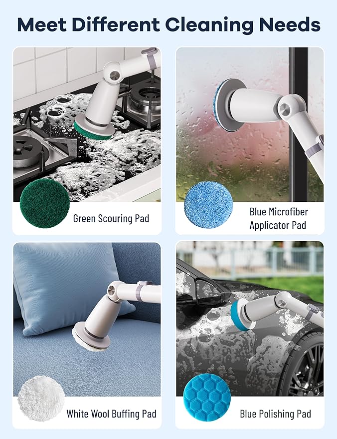 Electric Spin Scrubber,Floor Scrubber with Long Handle Power Scrubber Dual Speeds,Cleaning Brush Cordless,Shower Scrubber Scrub Brush with 3 Adjustable Angles,8 Brush Heads for Bathroom,Tile