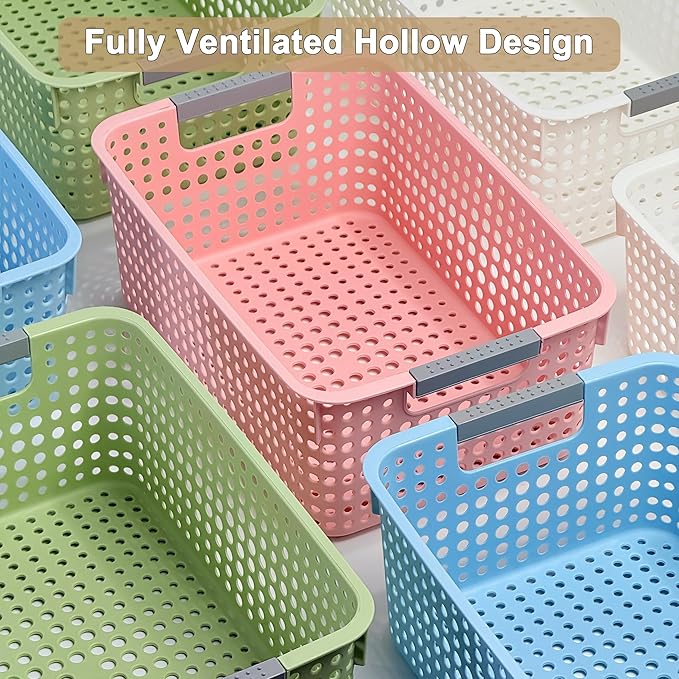 Soddeph 4 Pack Fully Hollow Plastic Organizer Basket with Handles, Multi-Purpose Organizer for Under Bathroom Sink,Kitchen Cabinet, Ideal for Toiletries (Green, Medium)