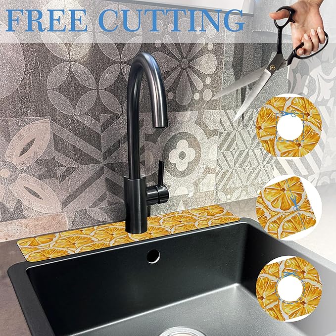Yellow Fruit Lemon Faucet Mat Splash Guard Yellow Fruit Lemon, Soft Diatom Mud Material, Strong Water Absorption, Non-slip,Easy to Clean for Bathroom, Kitchen 23.5"X5.5"