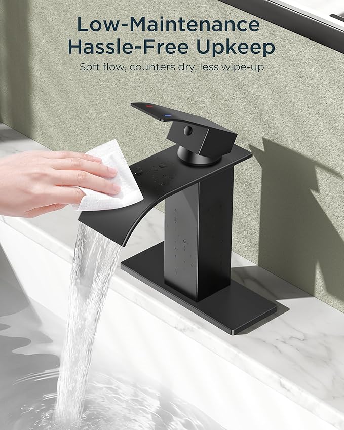 FORIOUS Matte Black Waterfall Bathroom Faucets 1 or 3 Hole, Vanity Single Bathroom Sink Faucet with cUPC Supply Line and Pop Up Drain, Suitable for Basin, Rv, Restroom Sink
