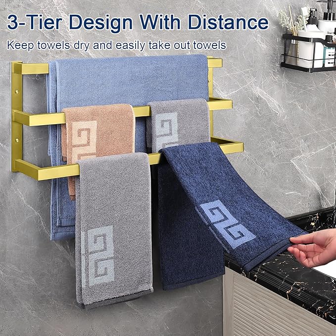 NearMoon Bathroom Towel Bar, Towel Rod Holder, Square Shelf Rack Hanging Towel for Bath, Thicken SUS304 Stainless Steel Towel Rack Wall Mounted-3-Tier Bath Accessories (24 Inch, Gold)