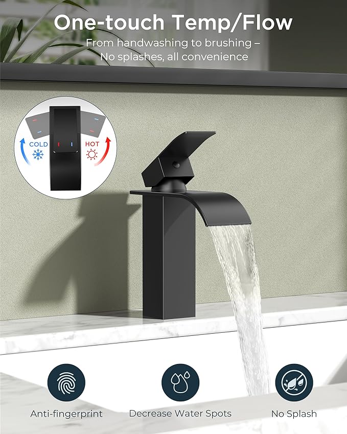 FORIOUS Matte Black Waterfall Bathroom Faucets 1 or 3 Hole, Vanity Single Bathroom Sink Faucet with cUPC Supply Line and Pop Up Drain, Suitable for Basin, Rv, Restroom Sink