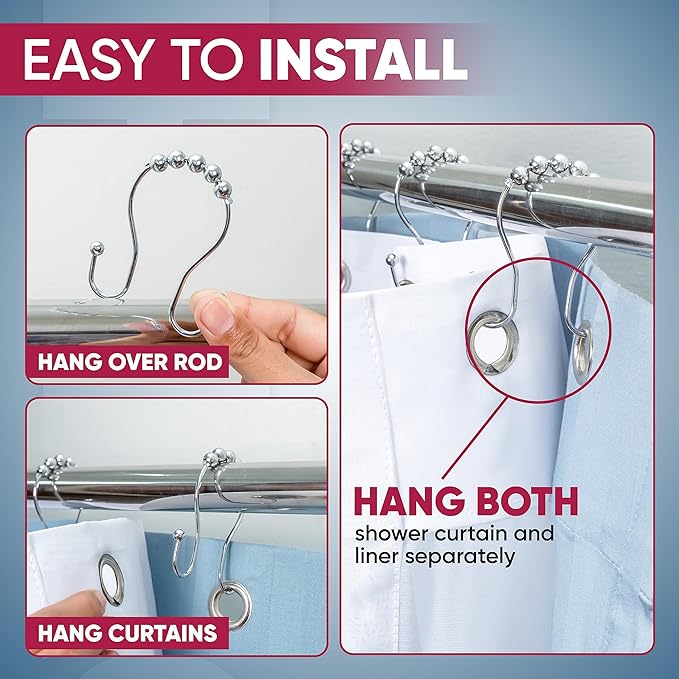 Shower Curtain Hooks Rust Proof (Set of 12) - Stainless Steel Shower Curtain Rings - Anti Slip Roller Balls for Easy Glide (Omega Double Hooks, Chrome)